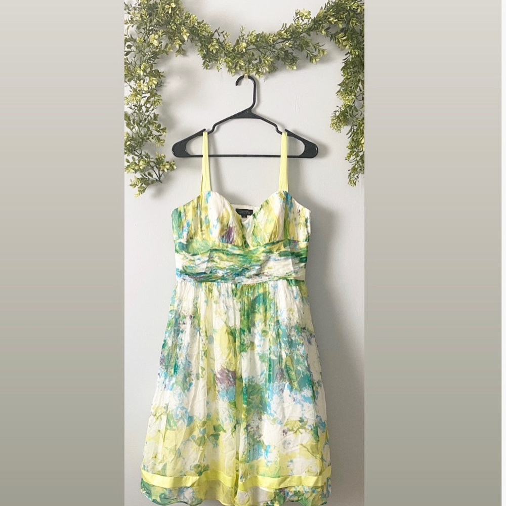 TAHARI Watercolor Dress With Ribbon Detail